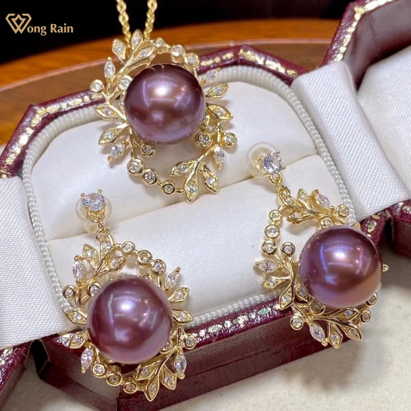 Wong Rain 18K Gold Plated 925 Sterling Silver Natural Purple Pearls Gemstone Women Necklace Pendant/Earrings Jewelry Sets Gifts