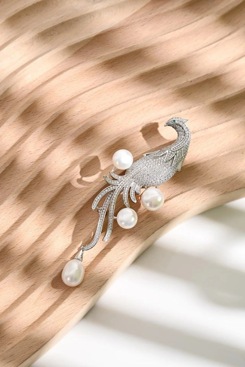 925 Sterling Silver Freshwater Pearl Diamond Bird Brooches for Women