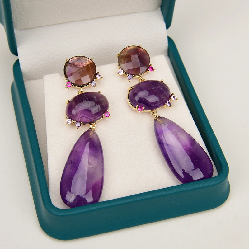 Gold Plated Purple Amethyst Quartz CZ Teardrop Earrings for Women