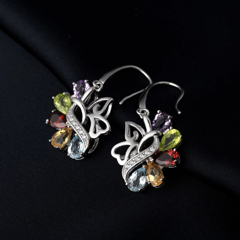 925 Sterling Silver Natural Pear Citrine Peridot Amethyst Garnet Sky Blue Topaz Dangle Earrings for Women