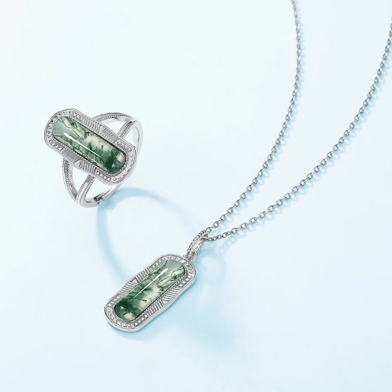 Silver Moss Agate Pendant Necklace for Women