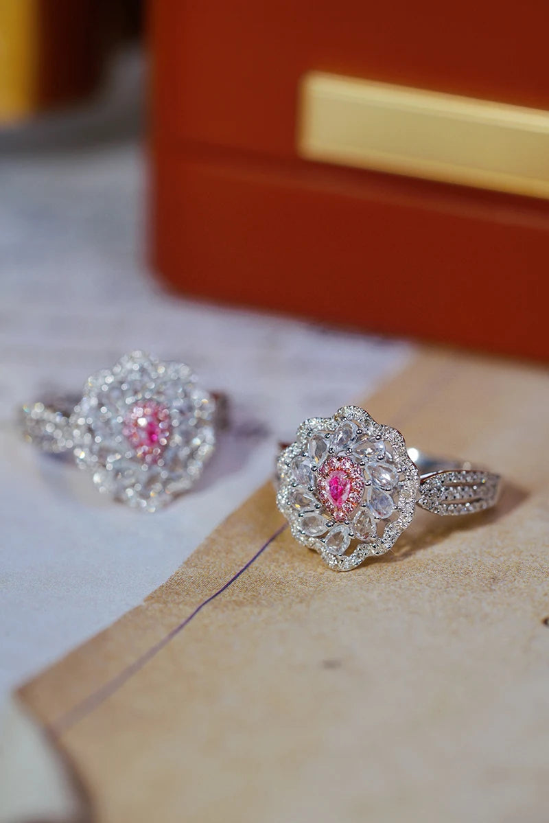 18K White Gold Natural Pink Diamond Flower Engagement Ring for Women