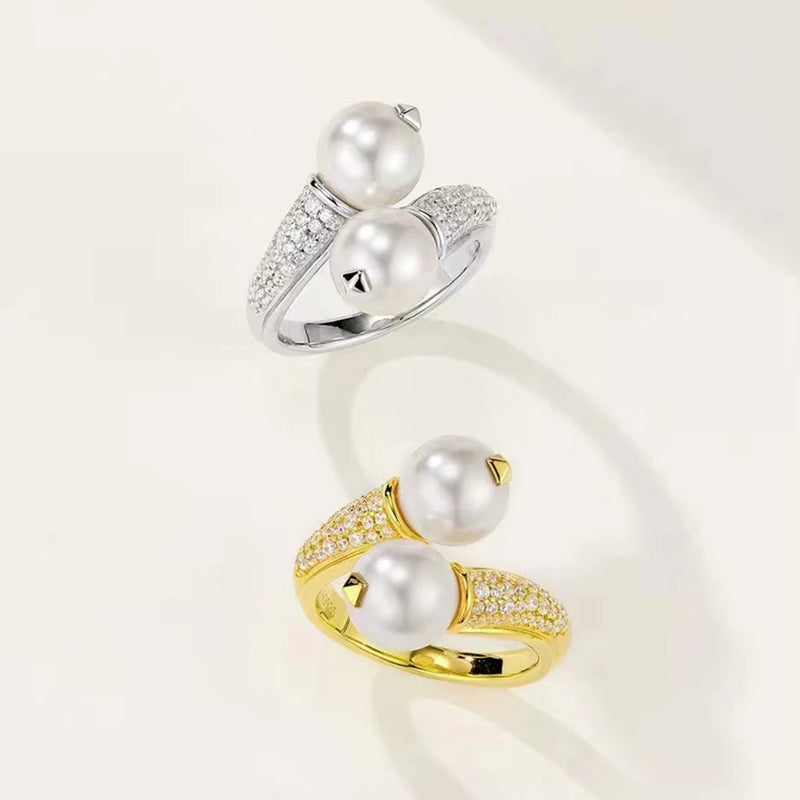 18K Gold Plated 925 Sterling Silver Pearl High Carbon Diamond Gems Vintage Ring