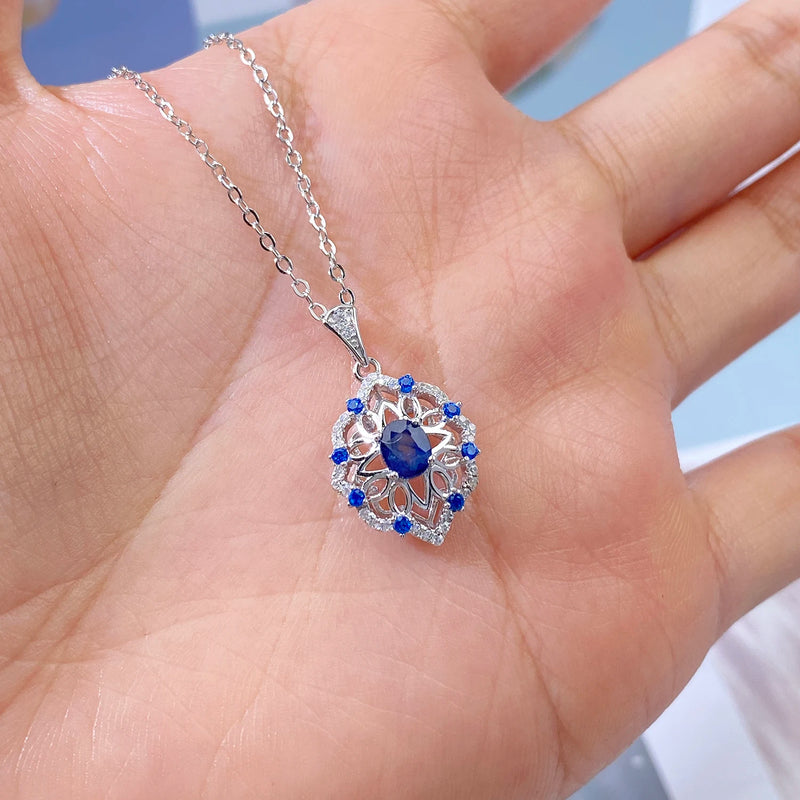 925 Sterling Silver Sapphire Flower Pendant Necklace for Women