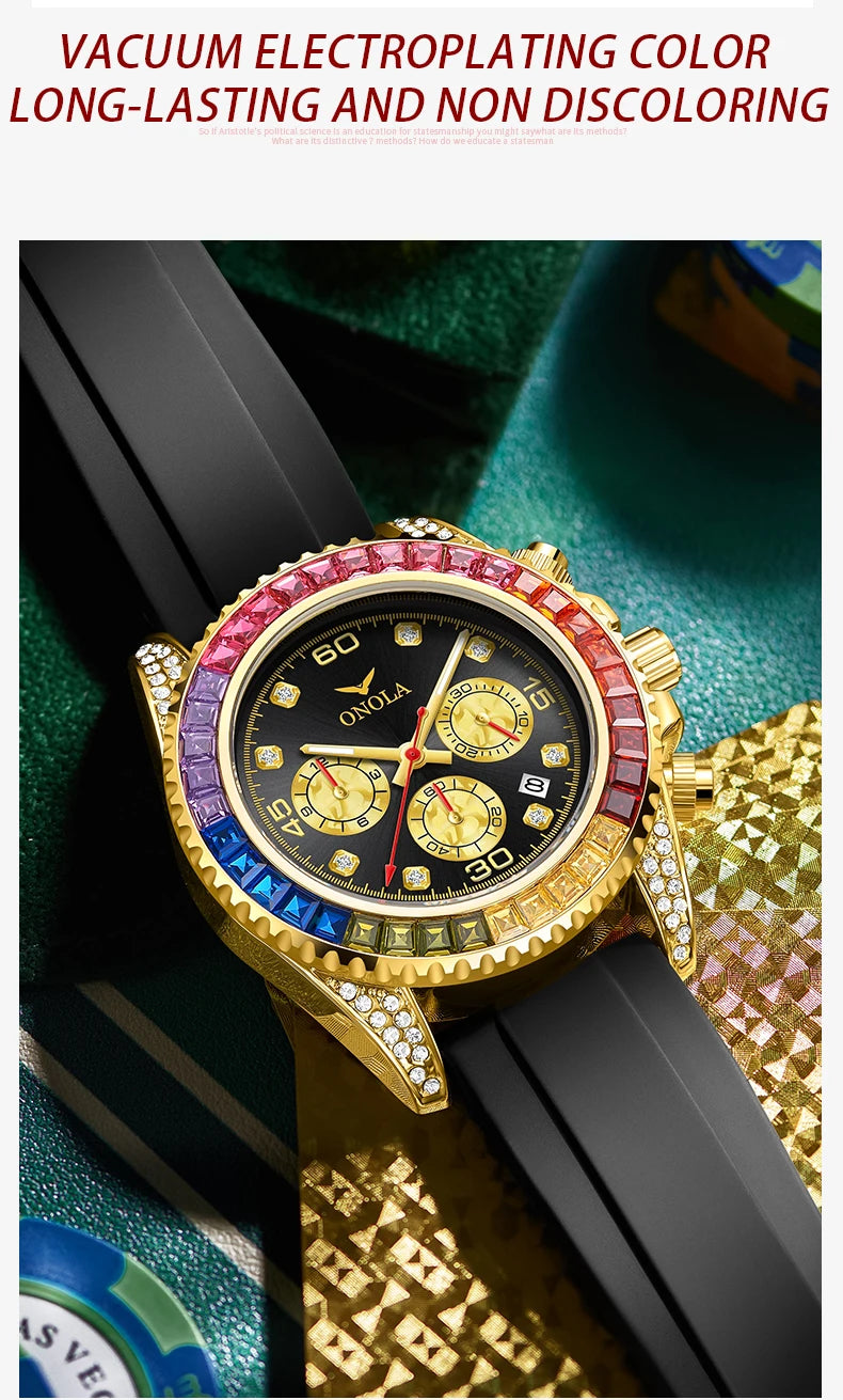 Stainless Steel Colored Diamond High-Quality Quartz Watch for Men