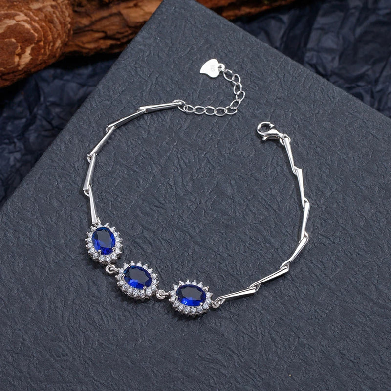 Sterling Silver Oval Blue Diamond Egg Shape Bracelet for Women