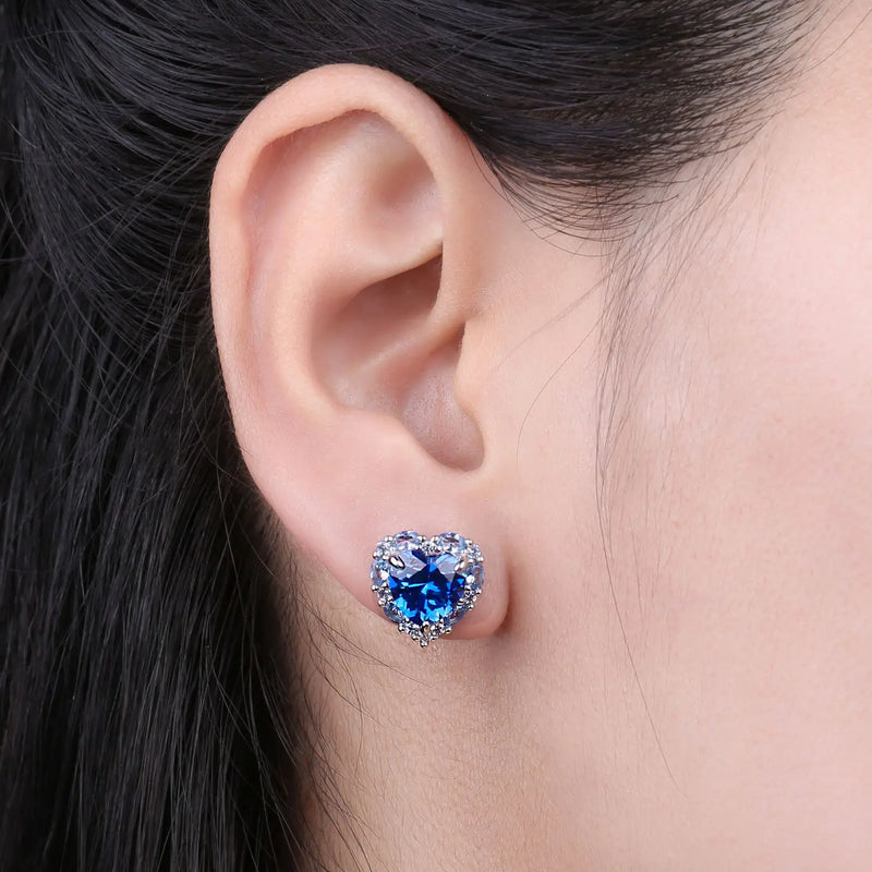 925 Sterling Silver Created Blue Spinel Heart Bow Stud Earrings for Woman