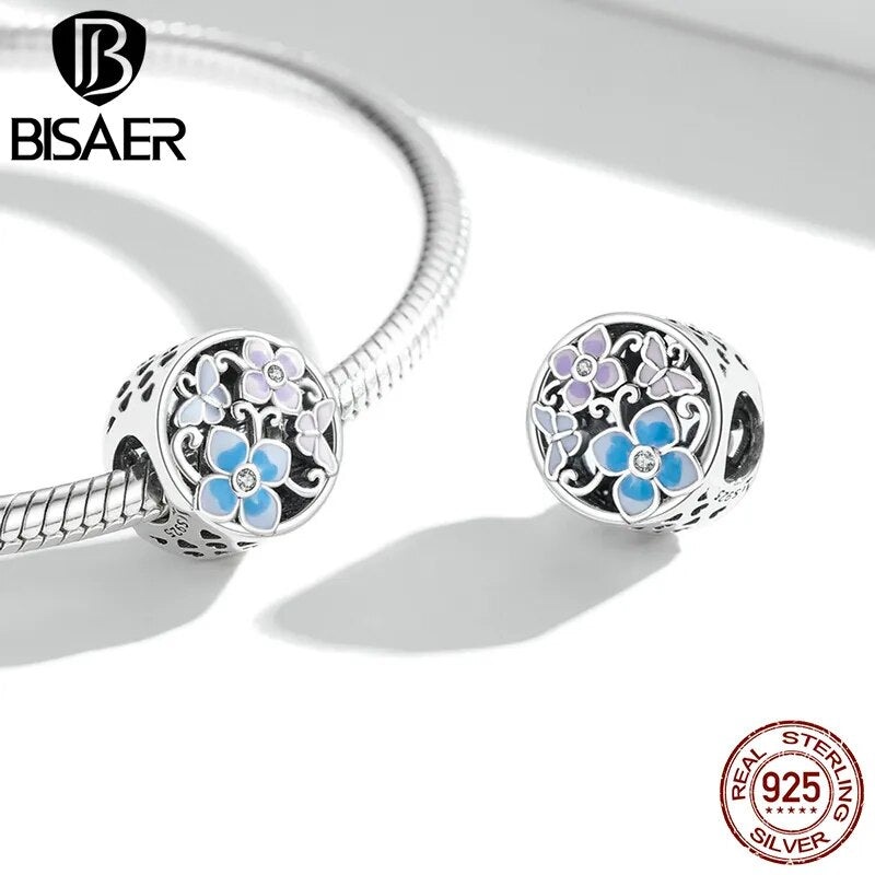 Sterling Silver Flower Anchor Charm Bead with Blue Heart Pendant for Women