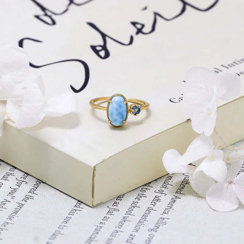 925 Sterling Silver Light Gold Plated Larimar Topaz Ring for Women