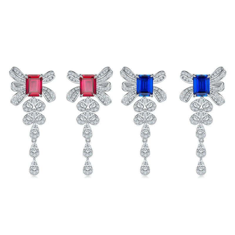 Sterling Silver 4.00ct Emerald Cut Ruby Sapphire Diamond Bowknot Drop Earrings for Women