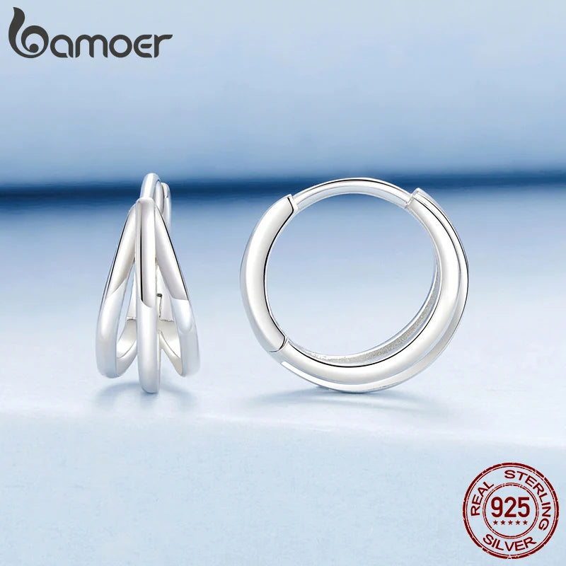 925 Sterling Silver Triple Huggie Hoop Earrings, White Gold Plated, Small, Hypoallergenic.