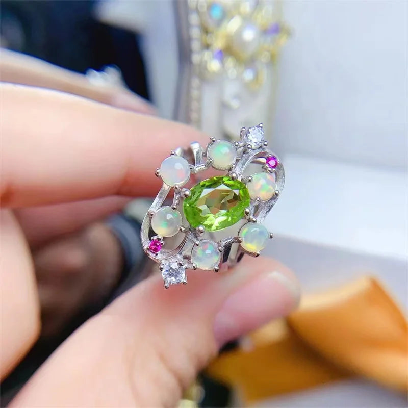 925 Sterling Silver Peridot Opal Ring, Korean Style, for Women