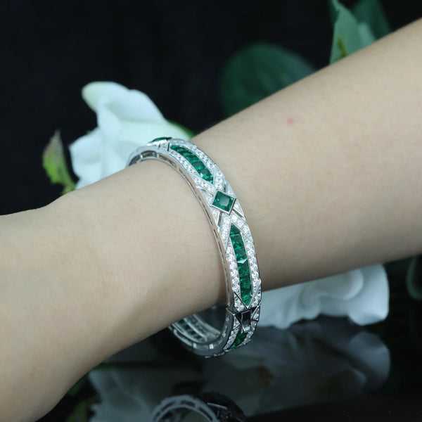 925 Sterling Silver Princess Cut Emerald High Carbon Diamonds Gemstones Bracelet