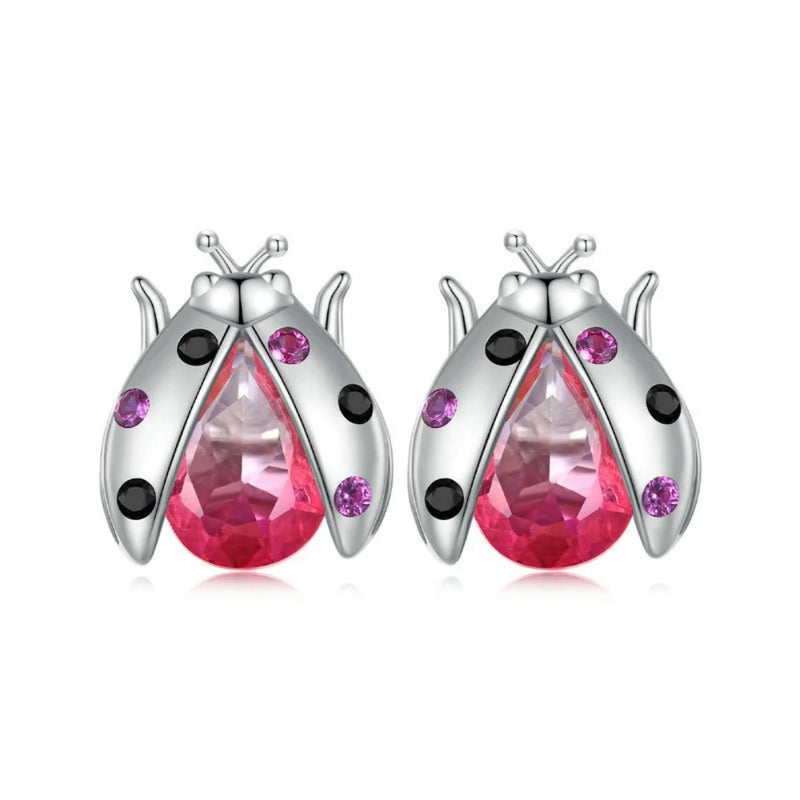 S925 Sterling Silver Pink Ladybug Stud Earrings for Woman