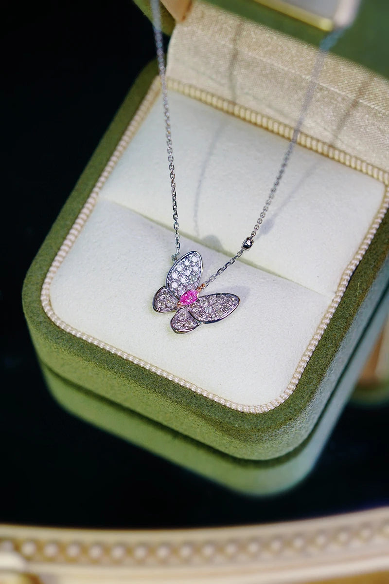 18K White Gold Pink Diamond Butterfly Pendant Necklace for Women