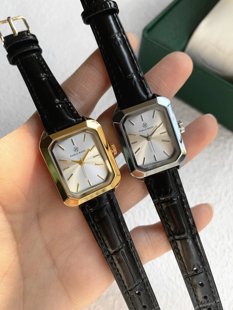 Luxury Women's Square Gold Wristwatch with Leather Band - Fashionable Quartz Clock.