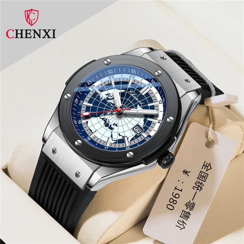 Stainless Steel World Map Sport Watch for Men