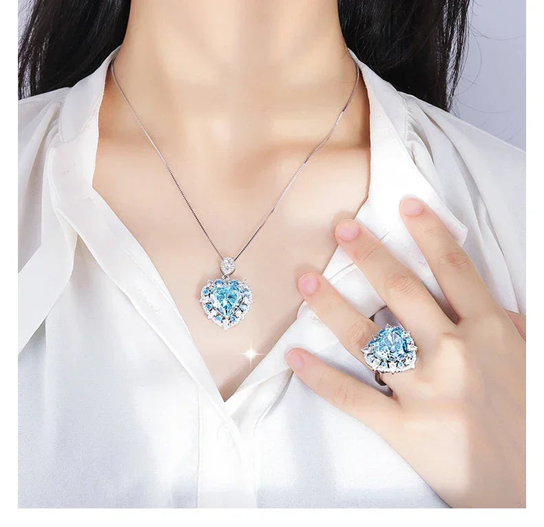 925 Silver Blue Topaz Heart Necklace for Her