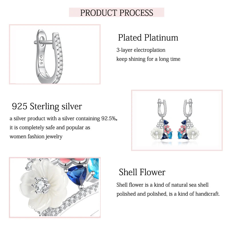 White Shell Flower Zircon Enamel Earrings for Women