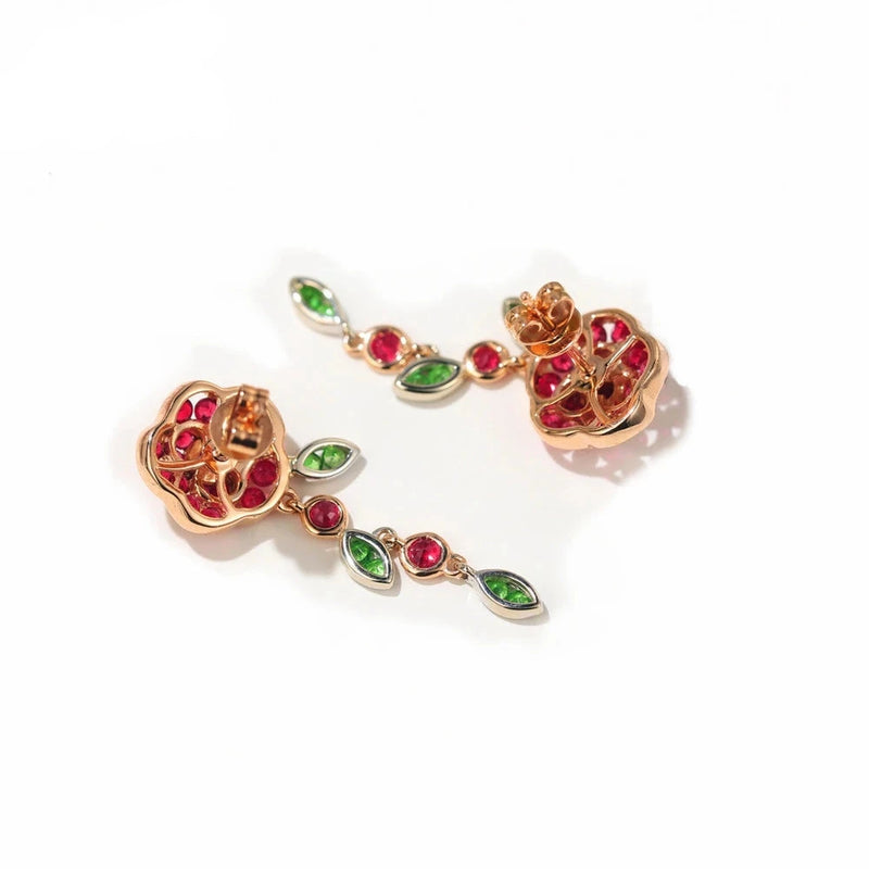 14k Rose Gold Ruby and Tsavorite Earrings Set for Women