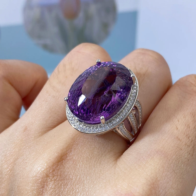 925 Sterling Silver Oval Amethyst Rings for Women