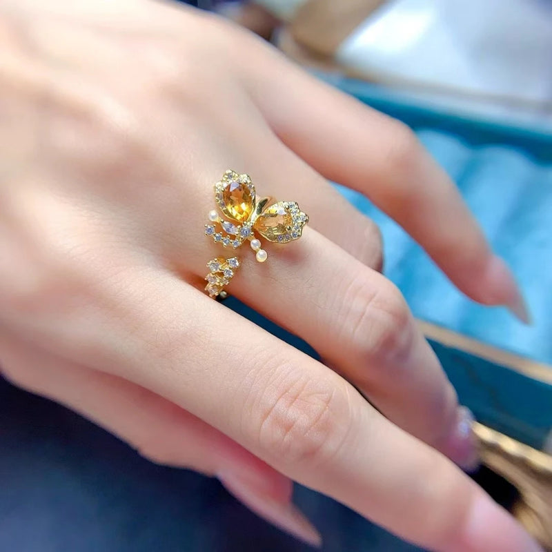 925 Sterling Silver Citrine Gemstone Butterfly Ring for Women