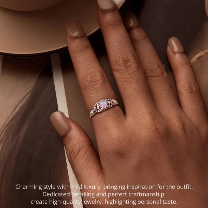 925 Sterling Silver Opal Heart Ring for Women