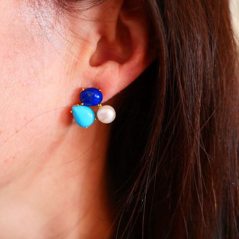 Sterling Silver with White Pearl & Blue Turquoise Lapis Earrings for Women