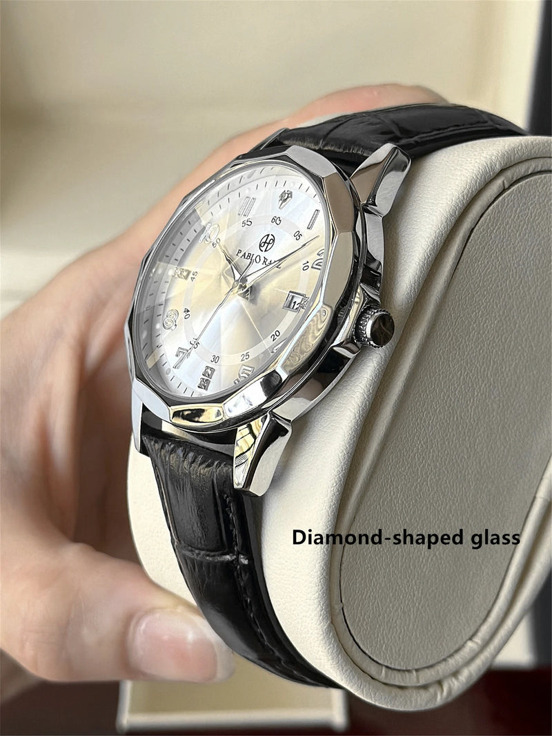 Luxury Quartz Wrist Watch with Leather Band, 30m Waterproof, Tapered Glass for Men's Business Use.