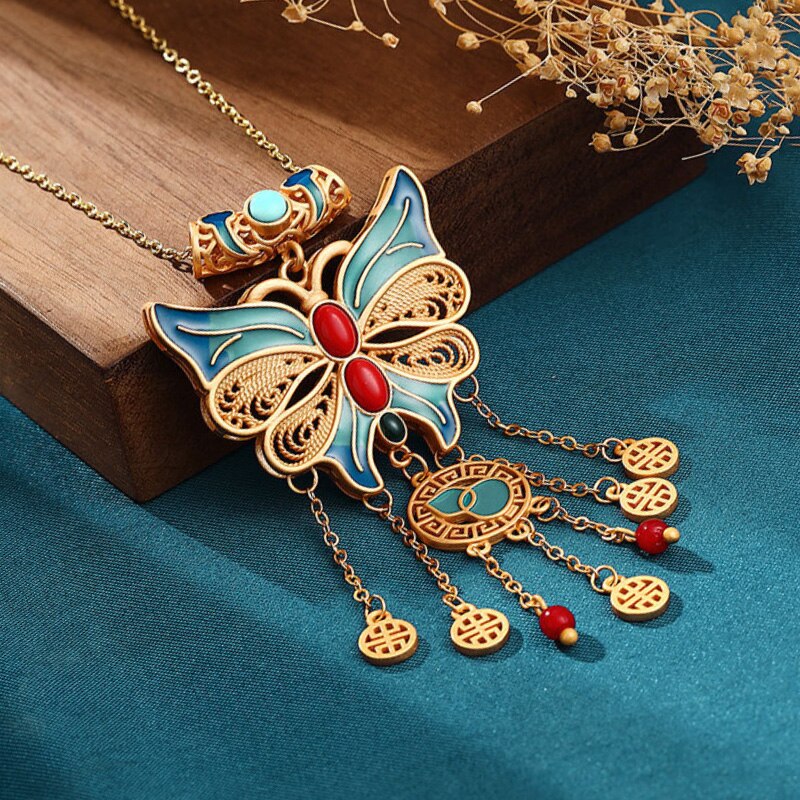 Enamel Bow Tassel Pendant Necklace in Chinese Style for Women