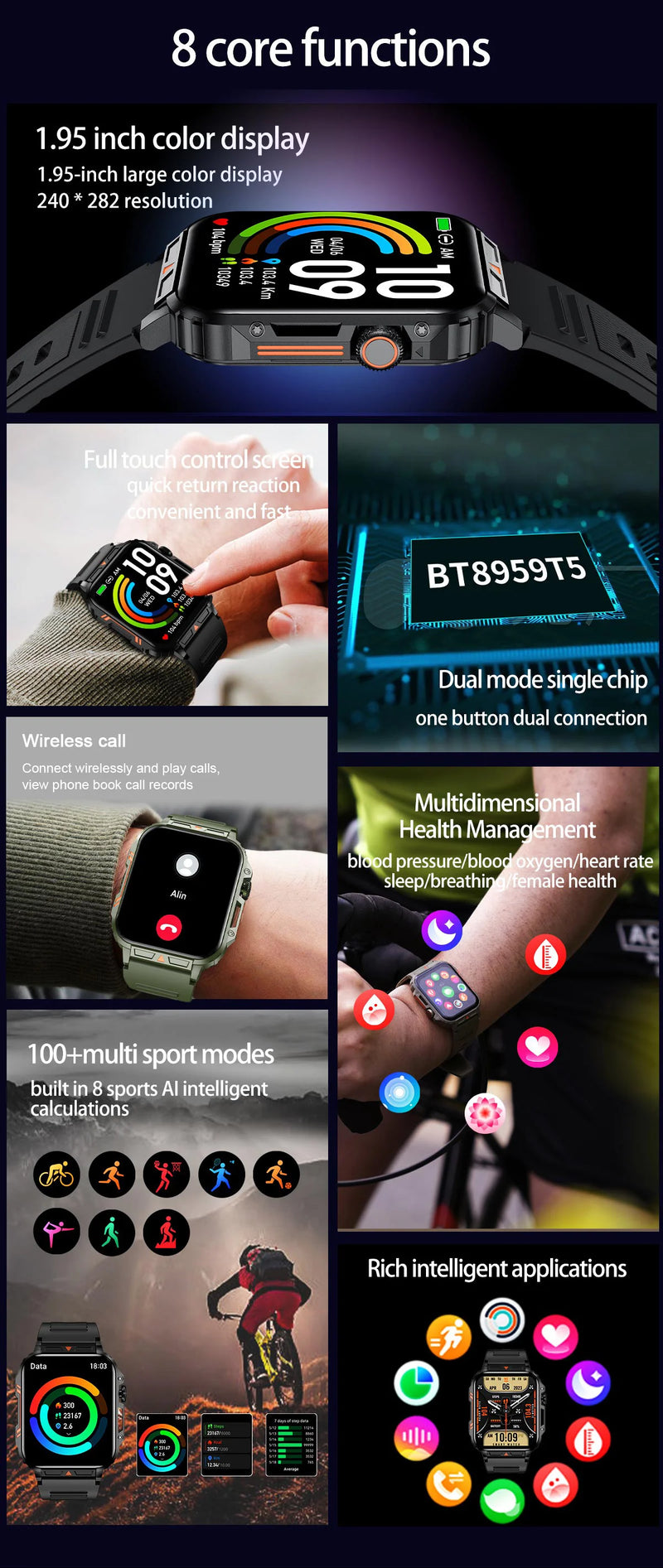 Smart Outdoor Military Watch for Sports Fitness with AI Voice, Waterproof & Bluetooth Call