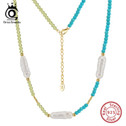 925 Sterling Silver Baroque Pearl Beads Necklace with Green Peridot & Turquoise, Collar Style for Women