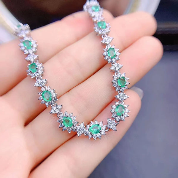 S925 Sterling Silver 3*4 Natural Emerald Flower Pattern Bracelet for Women