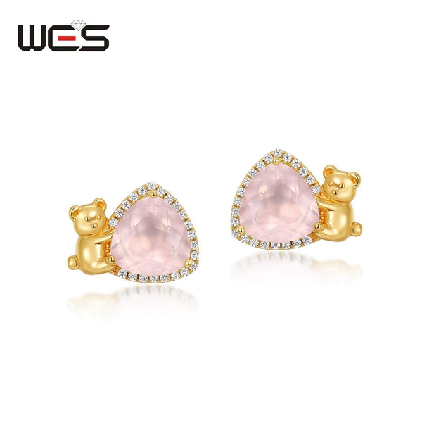 925 Sterling Silver Rose Quartz Cartoon Bear Stud Earrings for Women