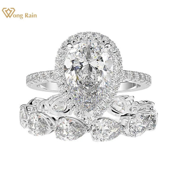 Wong Rain Luxury 925 Sterling Silver Created Moissanite Gemstone Engagement Ring Sets Wedding Band Fine Jewelry Wholesale