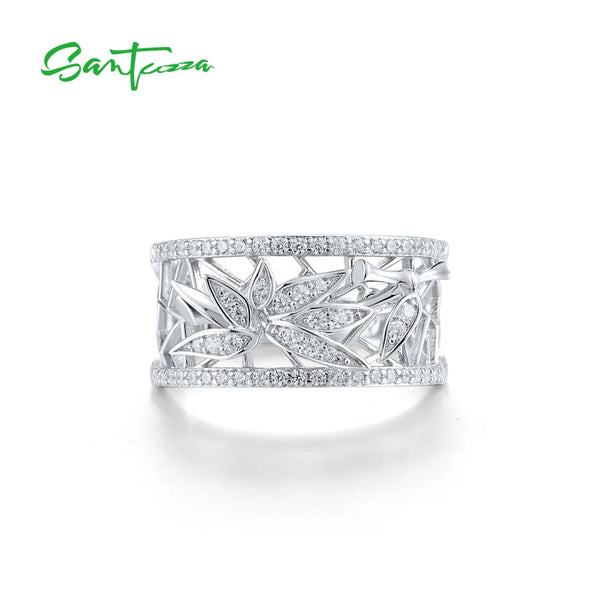 925 Sterling Silver Rings with Sparkling White Cubic Zirconia and Bamboo Leaves