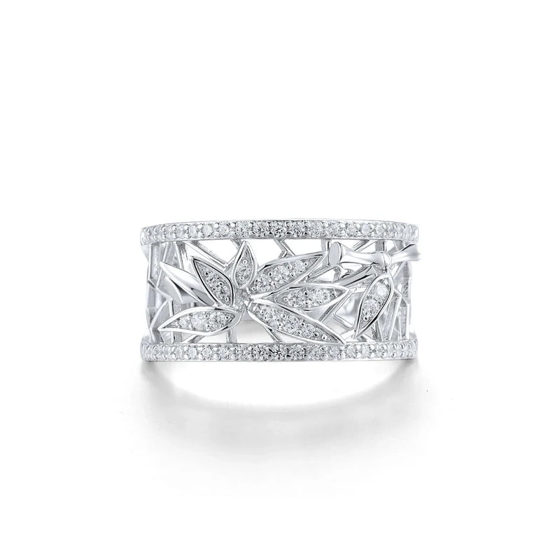 925 Sterling Silver Rings with Sparkling White Cubic Zirconia and Bamboo Leaves