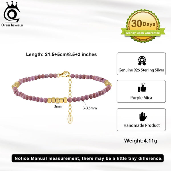 Sterling Silver Natural Purple Mica Anklet with 14K Gold Nugget for Women