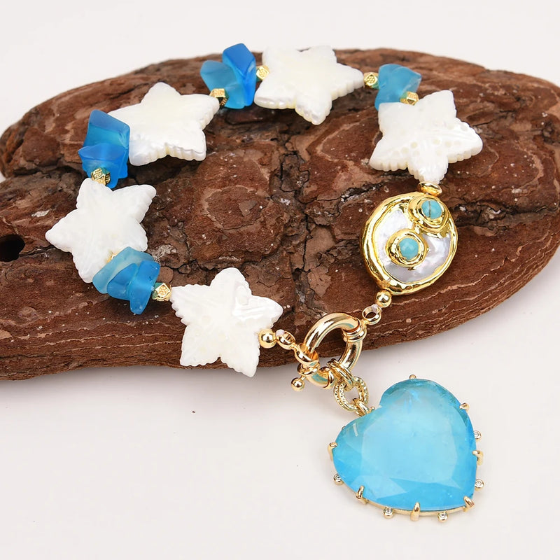 Gold Plated Bracelet with White Sea Shell, Freshwater Pearl, Starfish, Turquoise & Blue Quartz Pendant