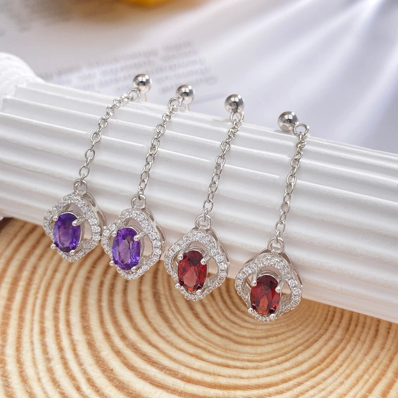 Sterling Silver Garnet Amethyst CZ Clover Earrings for Women