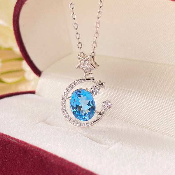 925 Silver Blue Topaz Moon and Star Pendant Necklace for Women