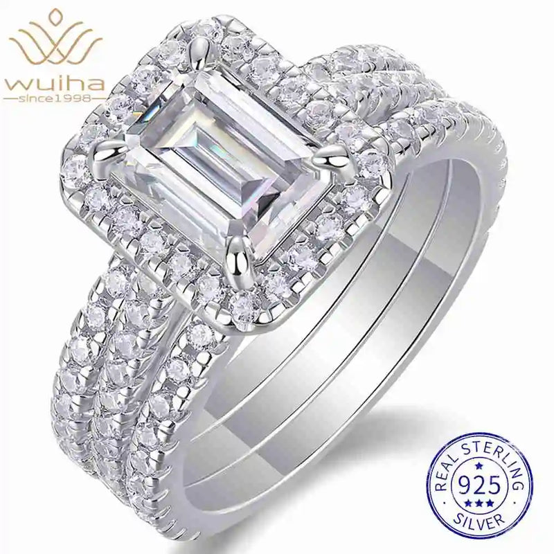 925 Sterling Silver Emerald Cut VVS1 D Color Moissanite Diamond Wedding Engagement Ring Set