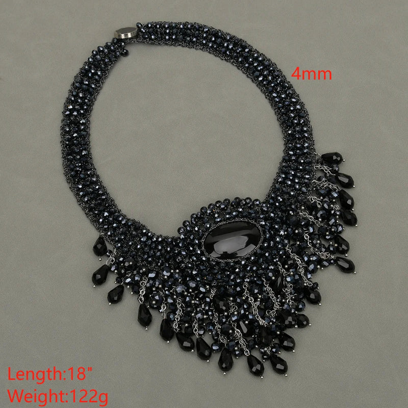 Sterling Silver 18" Braided Black Crystal Choker Necklace for Her.