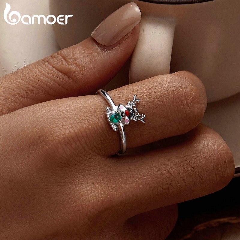 Sterling Silver Green Zircon Reindeer Adjustable Ring for Women