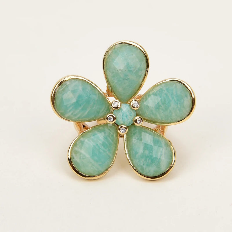 Sterling Silver Natural Blue Amazonite Pave Flower Ring for Women