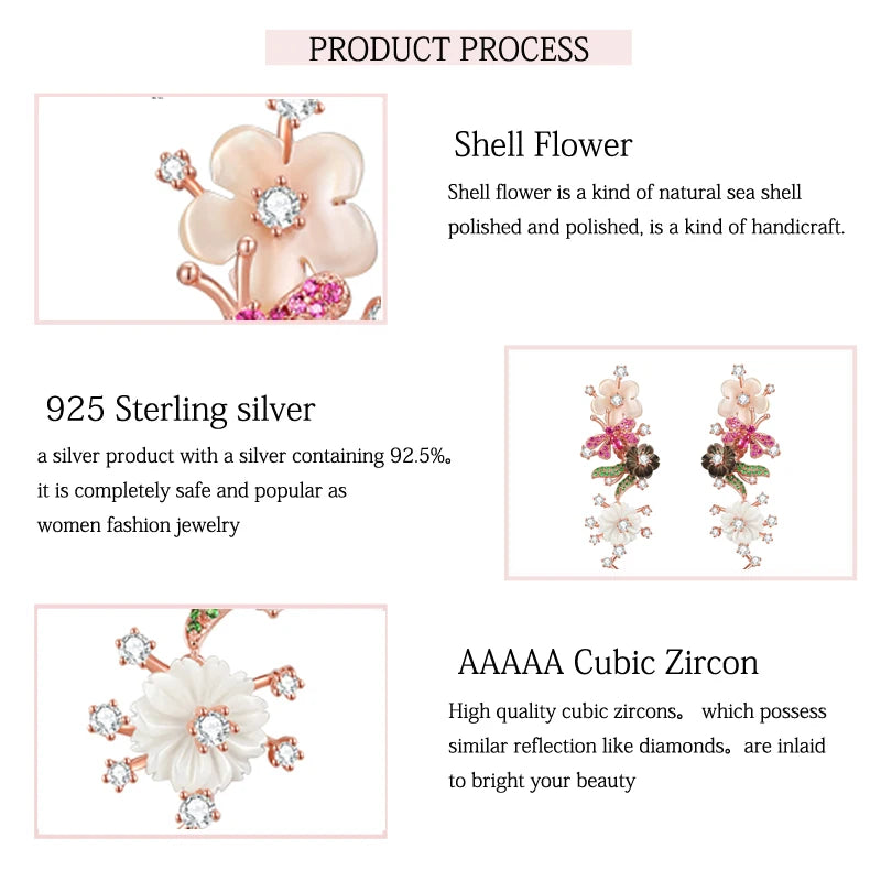 925 Sterling Silver Shell Flower Earrings with White Zircon for Women