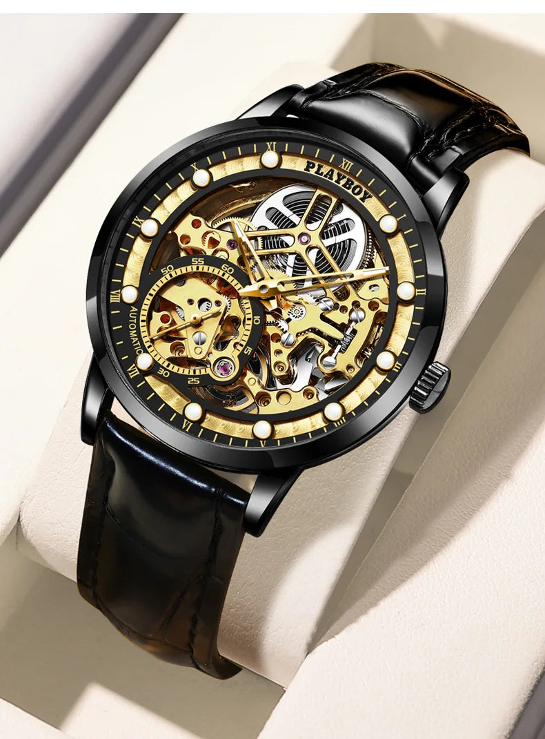 Stainless Steel Leather Strap Skeleton Automatic Mechanical Watch for Men