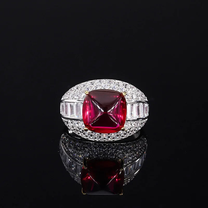 Sterling Silver Pigeon Blood Red Gemstone Sugar Tower Ring Set for Women