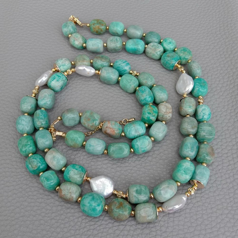 Sterling Silver Freshwater Cultured White Coin Pearl & Green Amazonite Necklace for Women