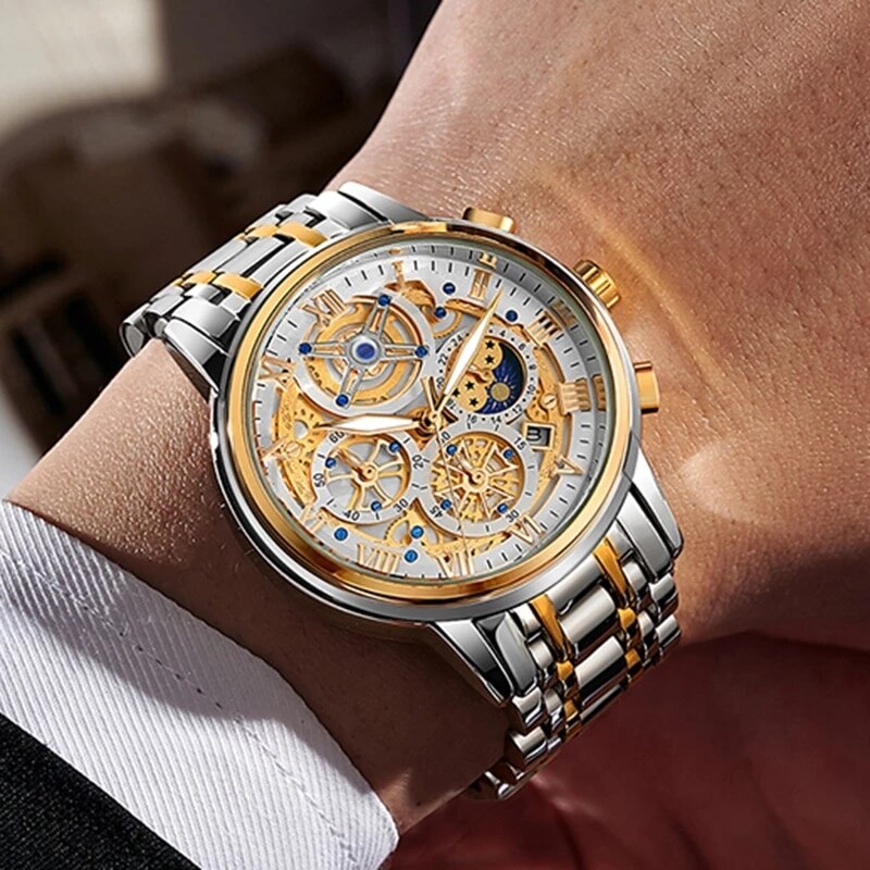 Stainless Steel Quartz Chronograph Sports Watch for Men